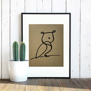 Hibou minimaliste, dessin au marqueur noir sur papier cartonné de couleur, décoration d'art mural, affiche d'art originale, cadeau