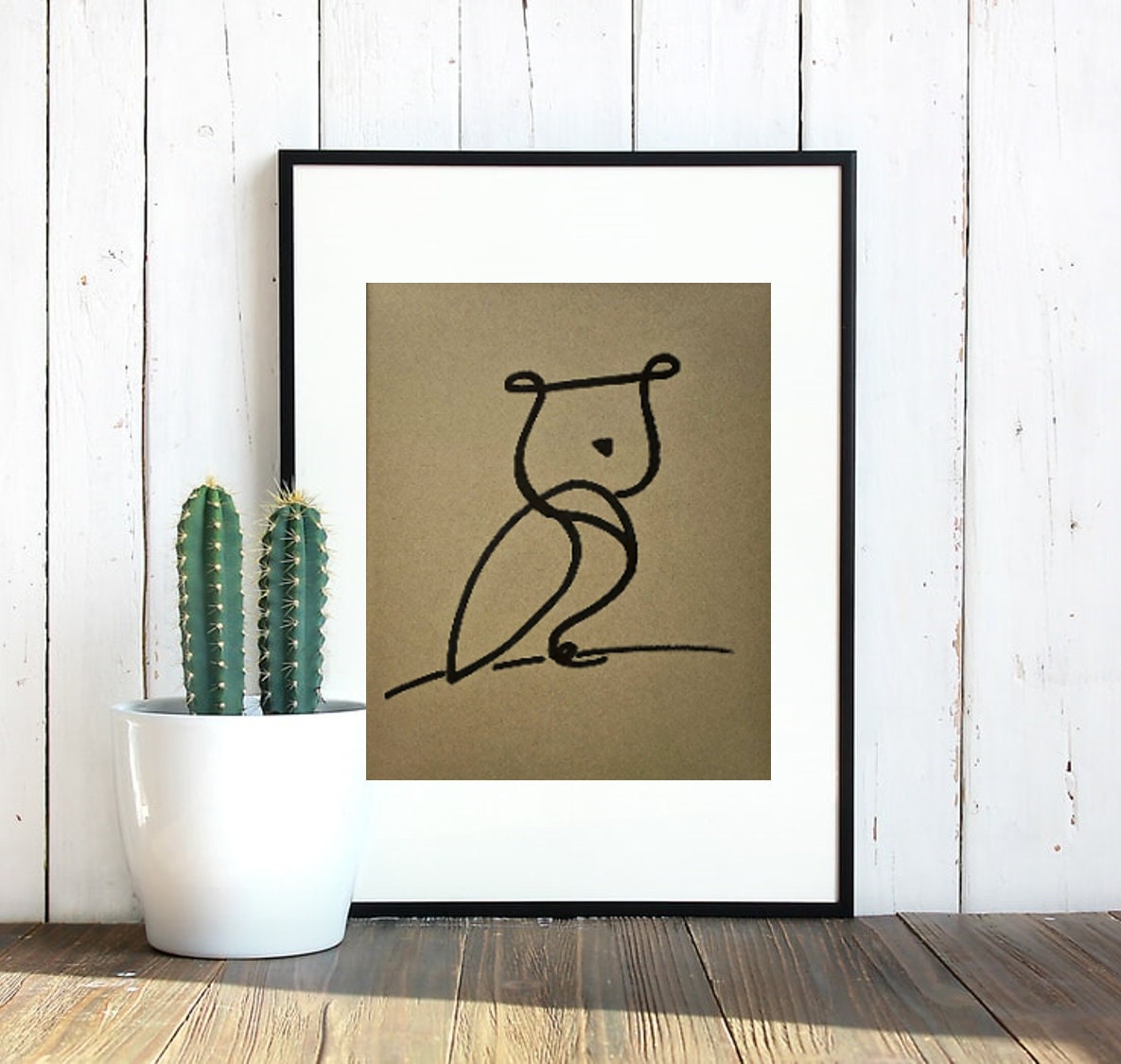 Minimalist Owl drawing in black marker on cardboard colored paper, wall art decor, original poster a