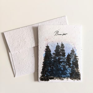 Joyeux anniversaire, aquarelle forêt sombre coucher de soleil sur papier graine plantable ou papier blanc aquarelle