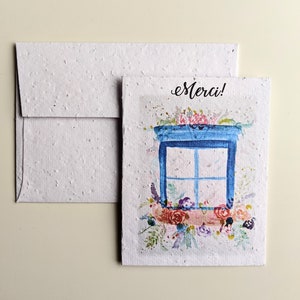 Carte de remerciement, aquarelle fenêtre fleur sur papier graine plantable ou papier blanc aquarelle, maison neuve, pendaison de crémaillère