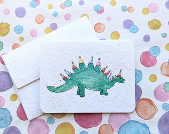 Dinosaur birthday card, celebration stegosaurus on plantable paper or watercolor white paper, worn out borders