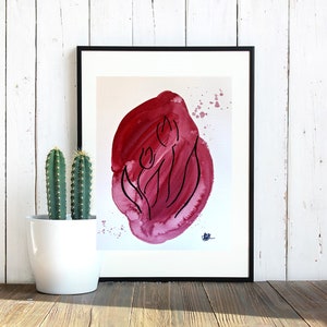 Aquarelle de tulipes, dessin au marqueur noir, décoration, oeuvre d'art originale, faite à la main, cadeau, chambre d'enfant, papier recyclé, minima