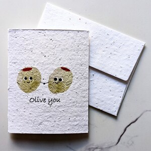 Aquarelle d’olives sur papier de graines plantable ou papier blanc aquarelle, olive you, carte de Saint-Valentin d’amour, jeu de mots drôle