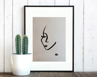 Rostro realizado con dibujo a rotulador negro, decoración, arte original, hecho a mano, regalo, papel reciclado, minimalista