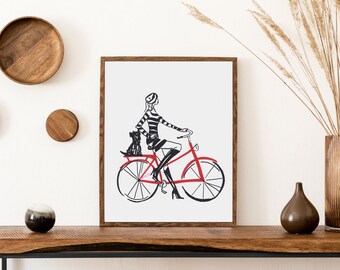 Marker drawing of women on bike with dog, original art, made by hand, home gift, home decor, plant wall art decor