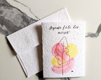 Plantable card envelope wild flower seeds, happy mothers day card, pink yellow watercolor plant leaf on white seed paper, thank you card