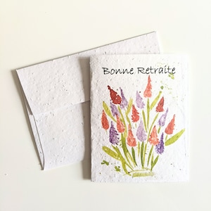 Aposentadoria feliz, planta de flores em aquarela em papel de semente plantável ou papel branco em aquarela, cartão de agradecimento, cartão de amizade