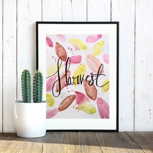 Watercolor painting of leaves and word Harvest, original art, made by hand, gift, kids room, recycled paper, home decor, autumn decor