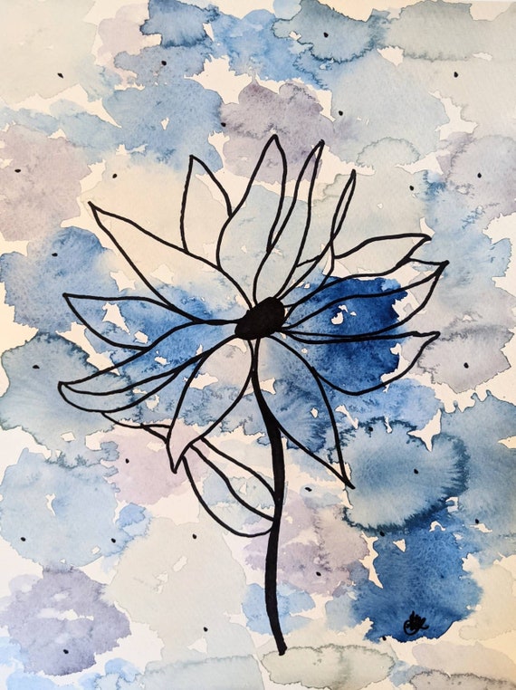 Blue Flowers Watercolor Painting, Black Marker Drawing, Decor