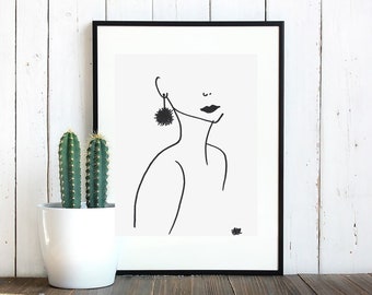 Women face and neck with earring marker drawing on white watercolor paper,decor, marker drawing, original poster art, birthday gift