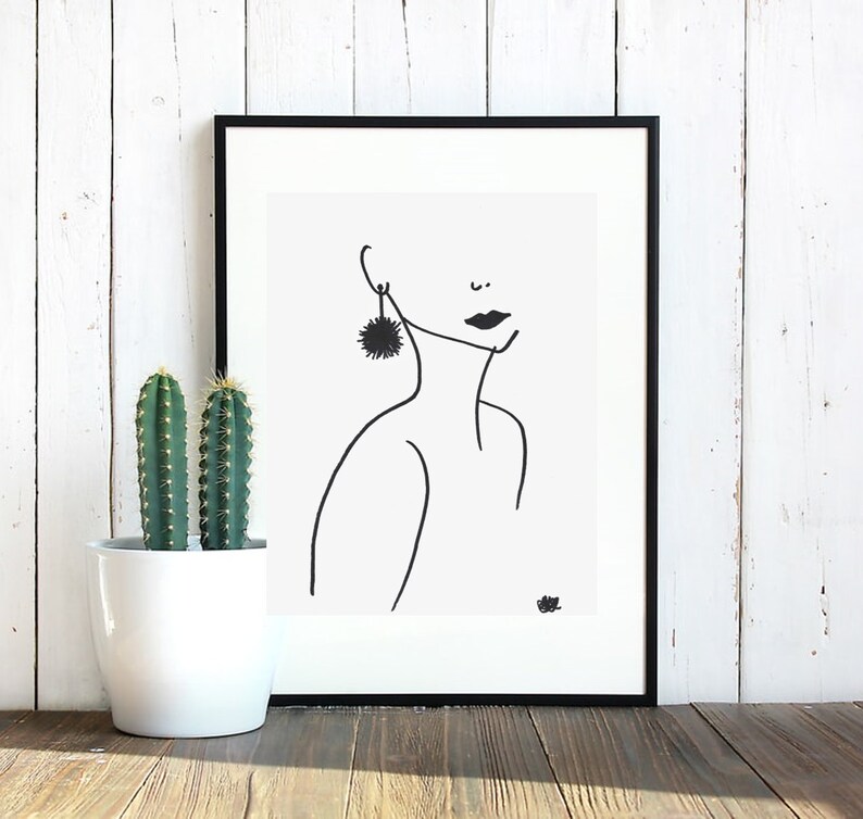 marker drawing birthday gift Women face and neck with earring marker drawing on white watercolor paper,decor original poster art