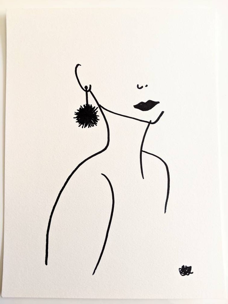 marker drawing birthday gift Women face and neck with earring marker drawing on white watercolor paper,decor original poster art