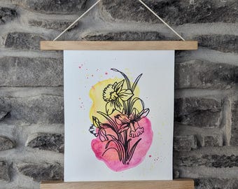 Watercolor Daffodil garden painting