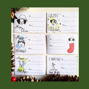 Étiquettes-cadeaux de Noël à planter avec un dessin festif de chiens, six étiquettes-cadeaux de vacances, étiquette de nom, étiquette de cadeau de fleurs sauvages, chiens de vacances