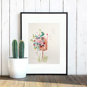Casa cassetta postale fiori pittura ad acquerello, arte originale, fatto a mano, regalo per la casa, regalo per il riscaldamento della casa, carta riciclata, arredamento per la casa