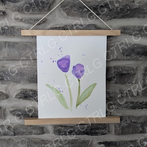 Metallic purple tulips, watercolor painting, decor, original art, made by hand gift