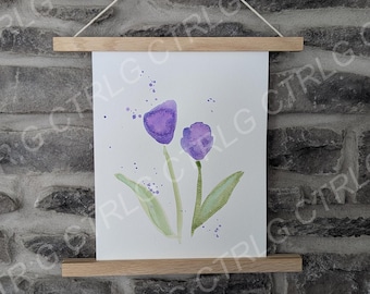 Metallic purple tulips, watercolor painting, decor, original art, made by hand gift
