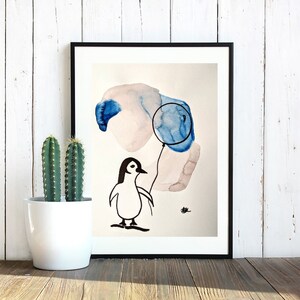 Fête pingouin, aquarelle bleue, dessin au marqueur noir, décoration, oeuvre d'art originale, faite à la main, cadeau, chambre d'enfant, papier recyclé, minimal