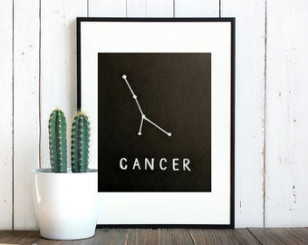 White marker drawing of Cancer  astrological zodiac sign,  decor, original poster art, star sign