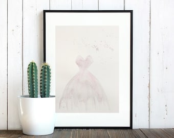 Pintura em aquarela de vestido rosa suave, arte original, feita à mão, presente, quarto infantil, papel reciclado, decoração de casa, decoração de parede de arte da moda
