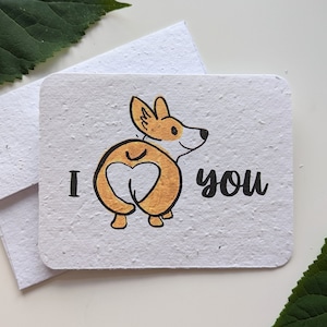Divertente ti amo con il sedere di cane corgi a forma di cuore su carta piantabile o carta bianca da acquerello, bordi usurati