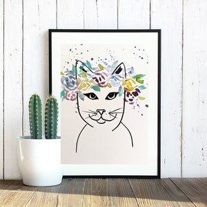 Peinture d’aquarelle de chat avec la couronne de fleur, art de mur, décor à la maison, art original d’affichage, cadeau d’anniversaire, chat d’aquarelle, dessin de marqueur