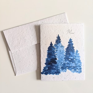 Merci aquarelle forêt bleue sur papier graine plantable ou aquarelle papier blanc, carte de remerciement, carte d’amitié