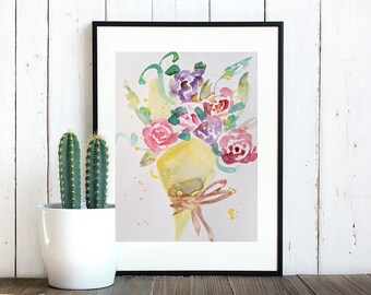 Metallic watercolor painting of flower bouquet arrangement, wall art, home decor, original poster art, birthday gift, watercolor flowers