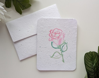 Soft watercolor rose on plantable paper or watercolor white paper, worn out borders