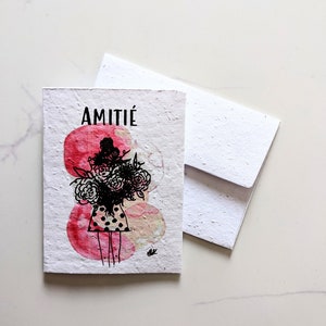 Carte de l'amitié, fille rose à l'aquarelle avec bouquet de fleurs sur du papier pour graines à planter ou du papier blanc aquarelle, carte de remerciement
