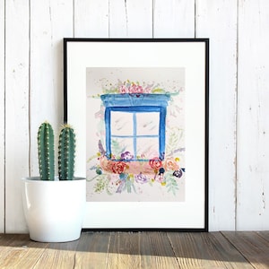 Flower window watercolor painting, original art, made by hand, home gift, housewarming gift, home decor, flower plant wall art decor