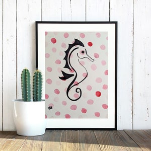 Seahorse minimalist, pink dots watercolor painting, black marker drawing, decor, original art, made by hand, gift, kids room, birthday gift