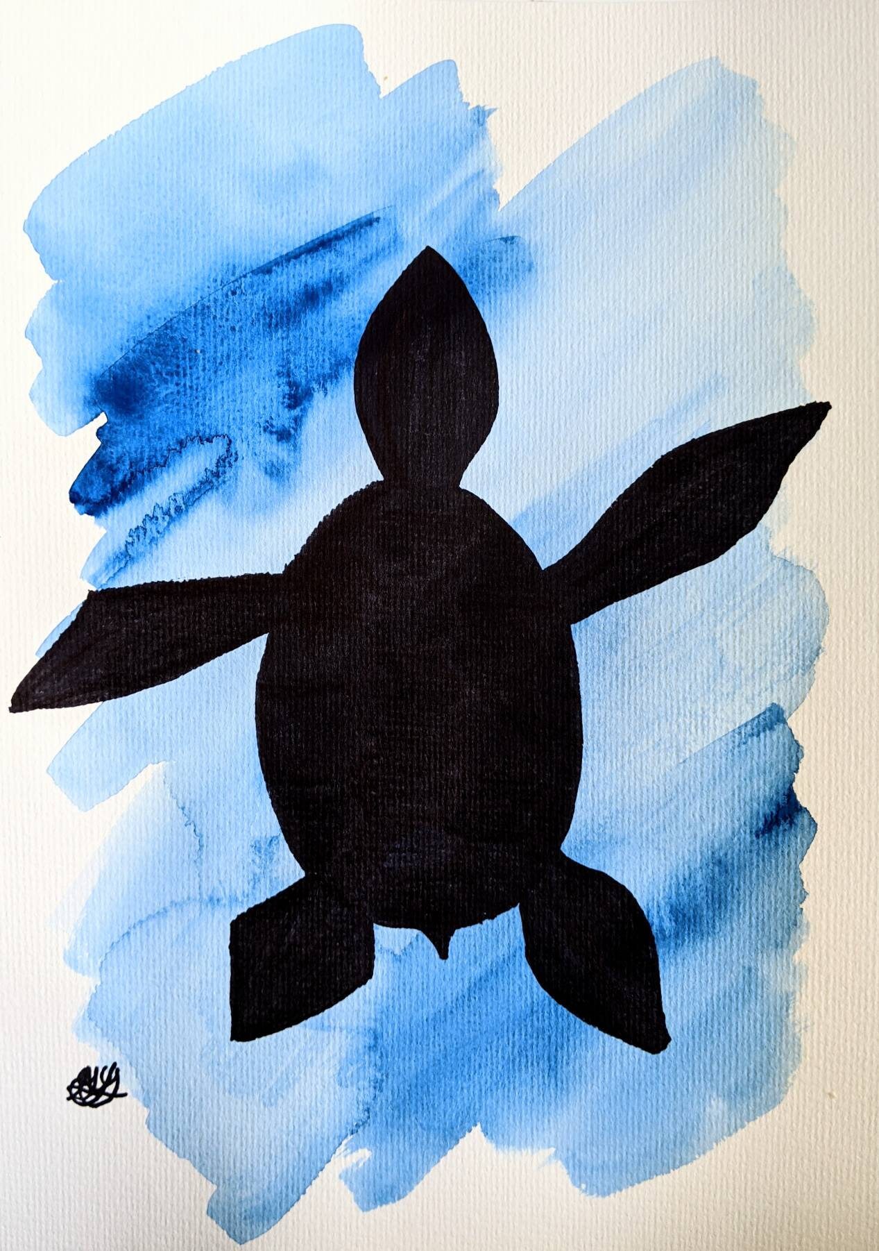 Turtle Blue Watercolor Painting, Black Marker Drawing, Decor, Original ...
