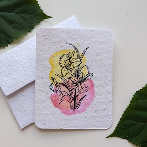 Jonquilles aquarelles sur papier à planter ou papier blanc aquarelle, bordures usées
