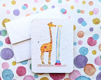 Fun giraffe birthday card, celebration cake and candles party on plantable paper or watercolor white paper, worn out borders