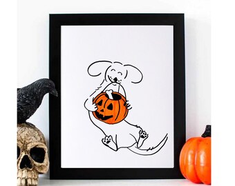 Puede incluir: Una impresión enmarcada en negro de un dibujo a línea de un perro sosteniendo una calabaza de Halloween. El perro es blanco y la calabaza es naranja con una cara negra.
