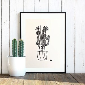 Dessin au marqueur noir d'un cactus sur du papier perle blanc, oeuvre d'art, art déco, idée cadeau, cadre mural