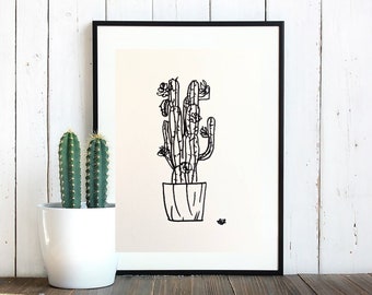 Black marker drawing of cactus plant on perle white paper, art piece, decor art, gift idea, wall frame