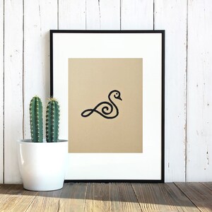 Swan bird black marker drawing on a mustard yellow colored paper, wall art decor, original poster art, gift