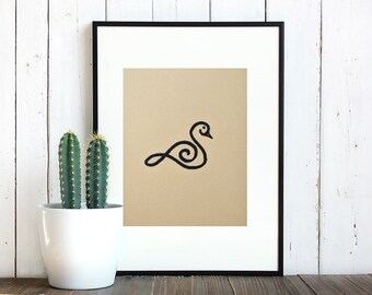 Swan bird black marker drawing on a mustard yellow colored paper, wall art decor, original poster art, gift