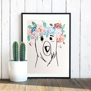 Peinture d’aquarelle de couronne de fleur d’ours, art de mur, décor à la maison, art original d’affiche, cadeau d’anniversaire, ours d’aquarelle, dessin de marqueur