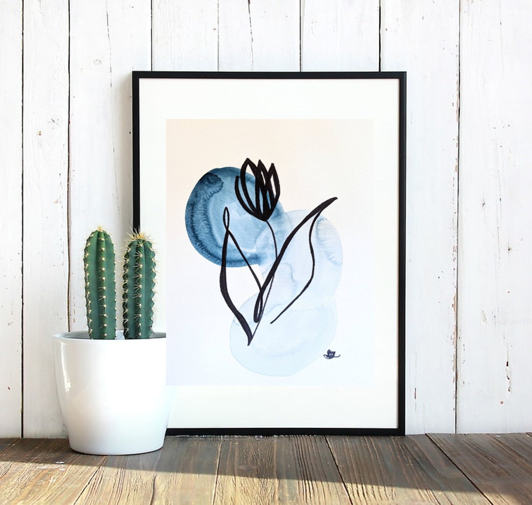 Tulip Watercolor Painting Black Marker Drawing Decor - Etsy