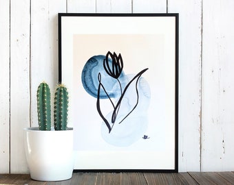 Tulip watercolor painting, black marker drawing, decor, original art, made by hand, gift, kids room, recycled paper, minimal