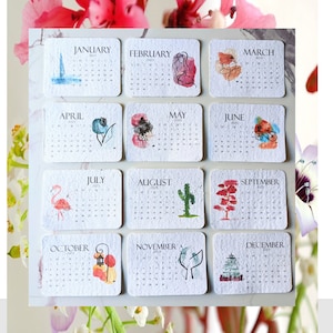 Calendrier à planter 2025, graines de fleurs sauvages, calendrier sur papier blanc pour graines de fleurs sauvages, papier pour graines à planter, aquarelle, art à planter