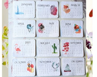 Plantable calendar 2024, wild flower seeds, calendar on white wild flower seed paper, plantable seed paper, watercolor art, plantable art