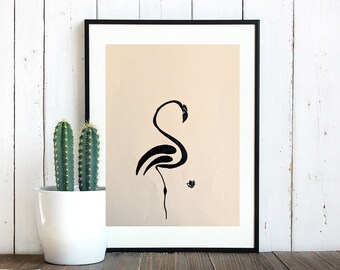 Flamingo, black marker drawing, decor, original art, made by hand, gift, kids room, recycled paper, minimal