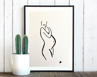 Black marker drawing of pregnant women on perle white paper, art piece, decor art, gift idea,  baby shower