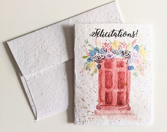 Congratulations, watercolor red door on plantable seed paper or watercolor white paper, housewarming card, new home card