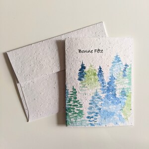 Aquarelle bleu turquoise forêt vert sur papier graine plantable ou aquarelle papier blanc, carte anniversaire
