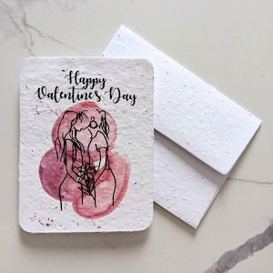 Romantic women couple on plantable seed paper or watercolor white paper, gay couple, Lesbian card, pink watercolor card, valentines day card
